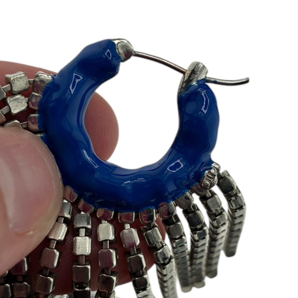 Alexis Bittar Blue Enamel Crystal Fringe Hoop Earrings Silver Statement - Picture 3 of 3
